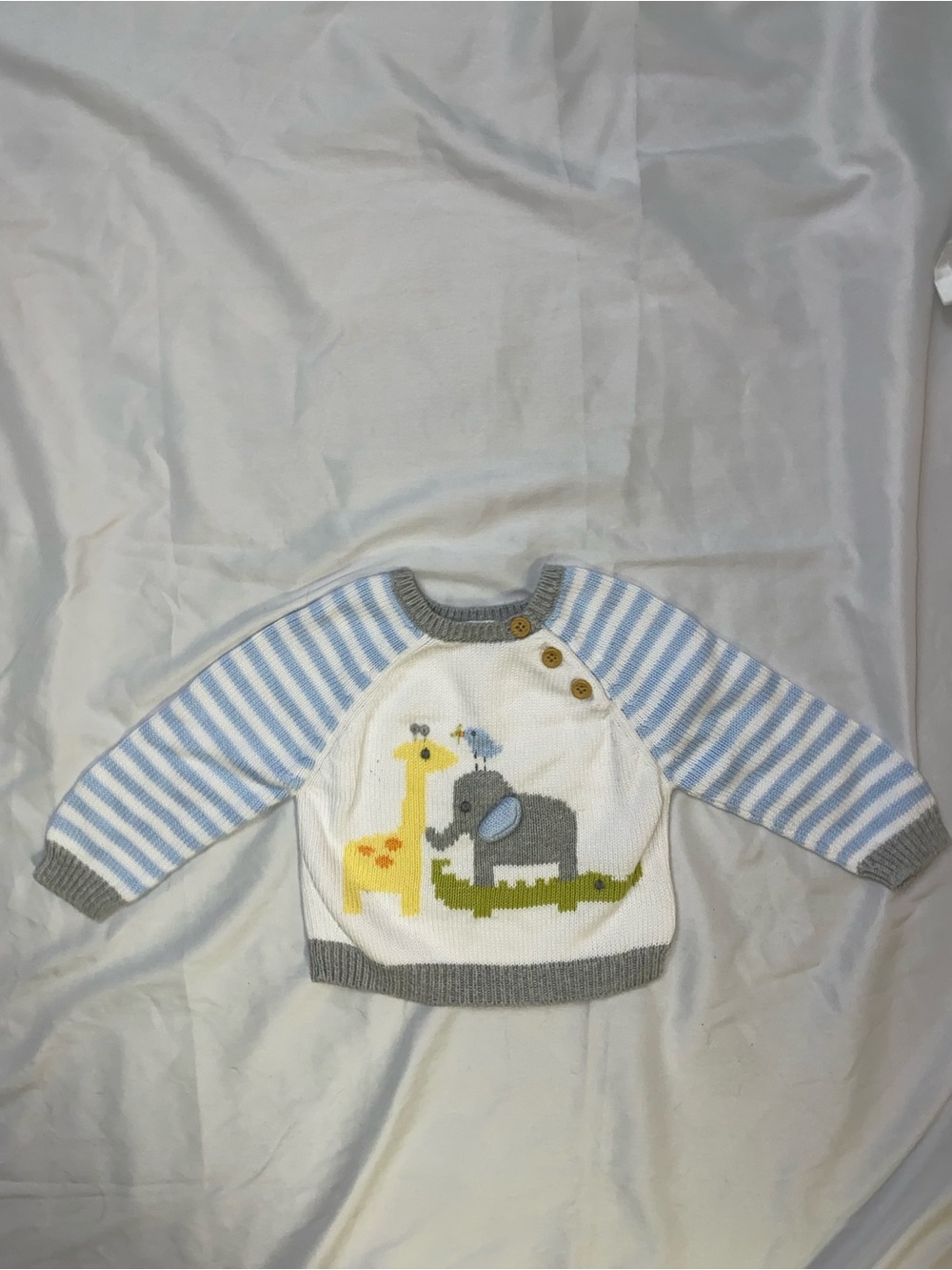 Striped Blue & White Baby Sweater with Giraffe and Elephant